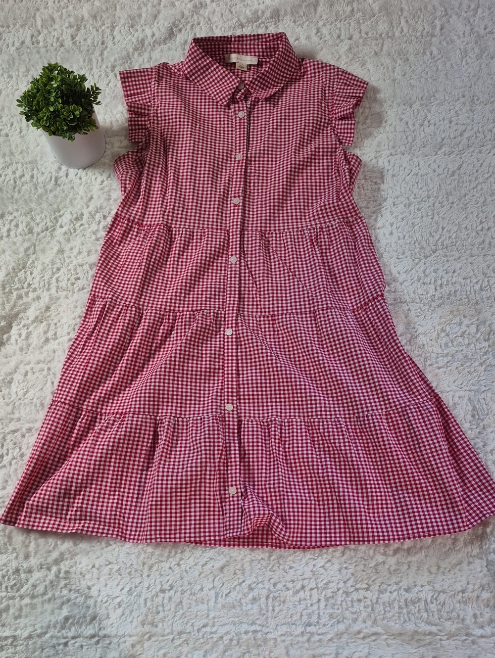 🎈Monteau LA Red & White Gingham Tiered Button-Front Dress